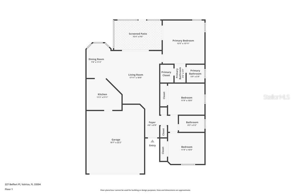 This is a floor plan for a single-story residential home with a garage and patio — 227 BELFORT PLACE, VALRICO, FL