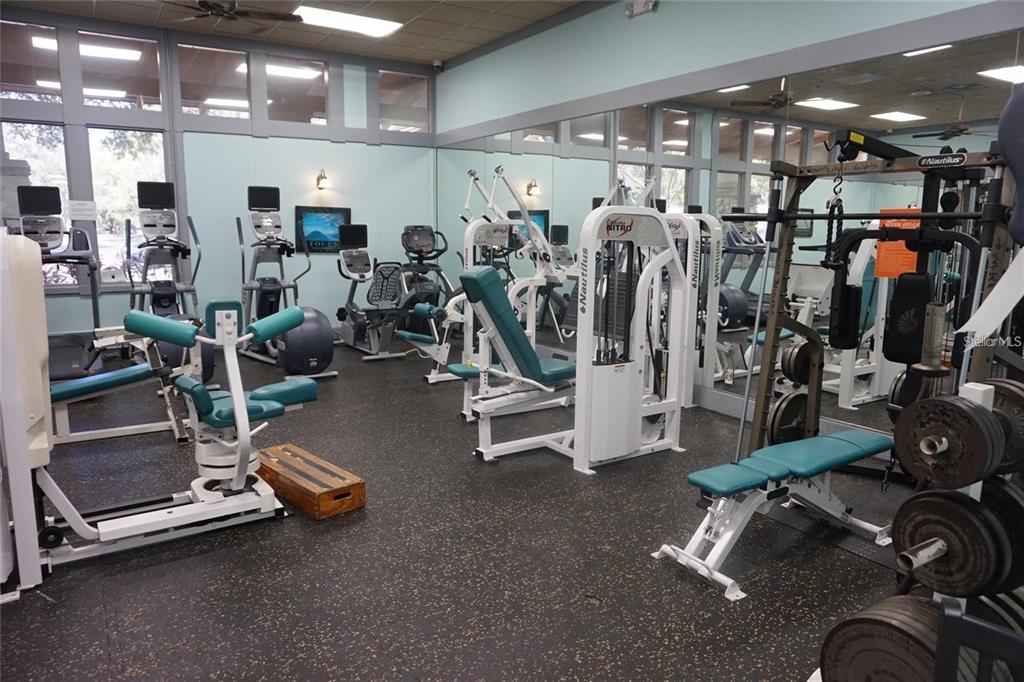 A gym room features various Nautilus exercise machines, a weight bench, and mirrored walls — 5316 COTTONWOOD TREE CIRCLE, VALRICO, FL