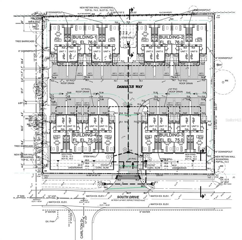 This is a site plan showing the layout of four buildings, parking, and drainage infrastructure — 2634 SOUTH DRIVE, CLEARWATER, FL