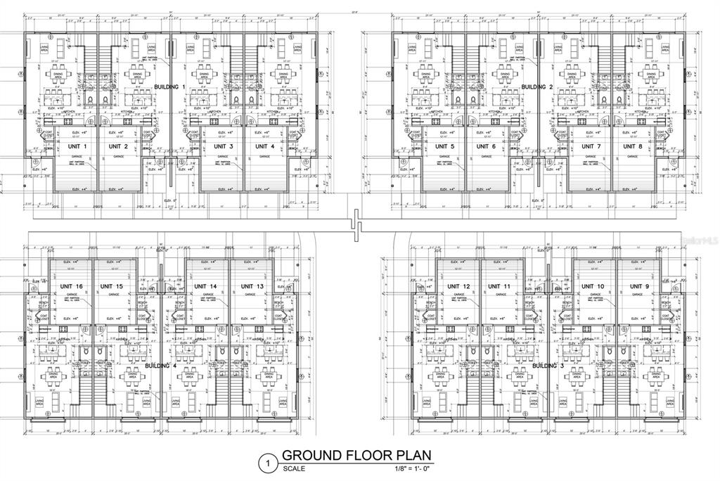 This is a ground floor plan showing the layout of four buildings containing sixteen units — 2634 SOUTH DRIVE, CLEARWATER, FL