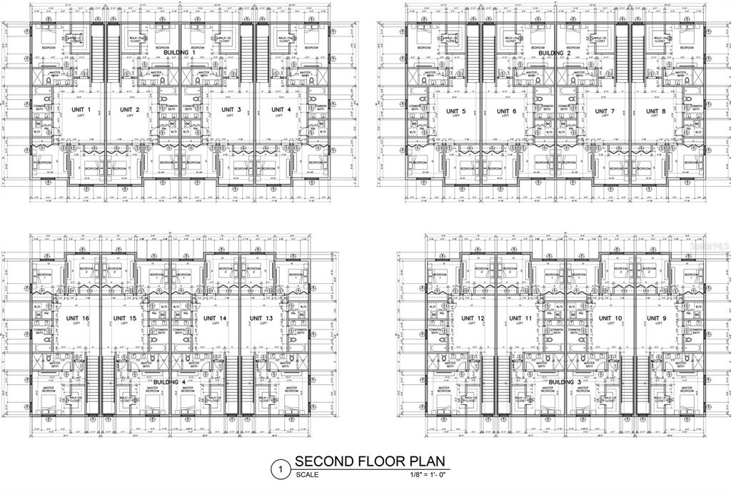 This is a floor plan showing the second-floor layout for four multi-unit residential buildings — 2634 SOUTH DRIVE, CLEARWATER, FL