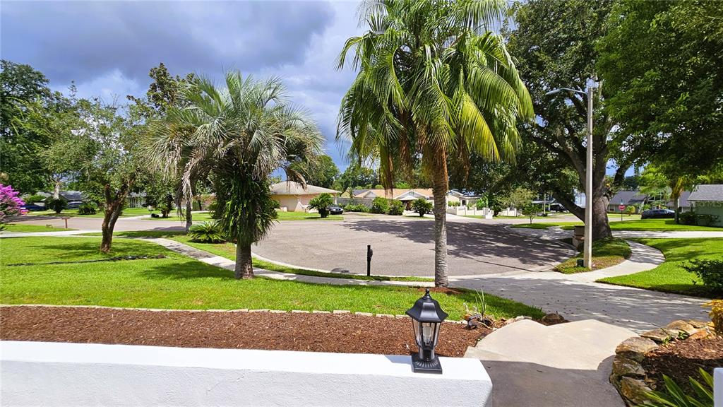 A view of a residential cul-de-sac with palm trees, green lawns, and a paved street — 410 BROADVIEW AVENUE, ALTAMONTE SPRINGS, FL