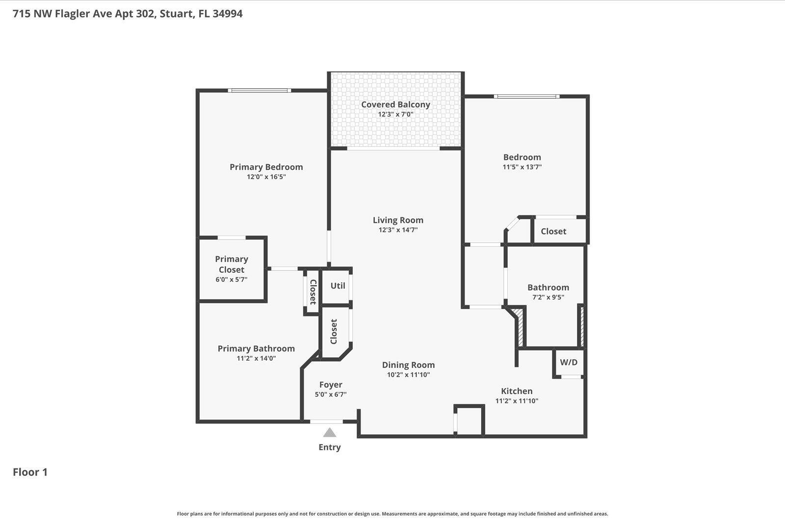 This is a floor plan for a two-bedroom apartment with a balcony and two bathrooms — 715 NW Flagler Avenue # 302, Stuart FL 34994, STUART, FL