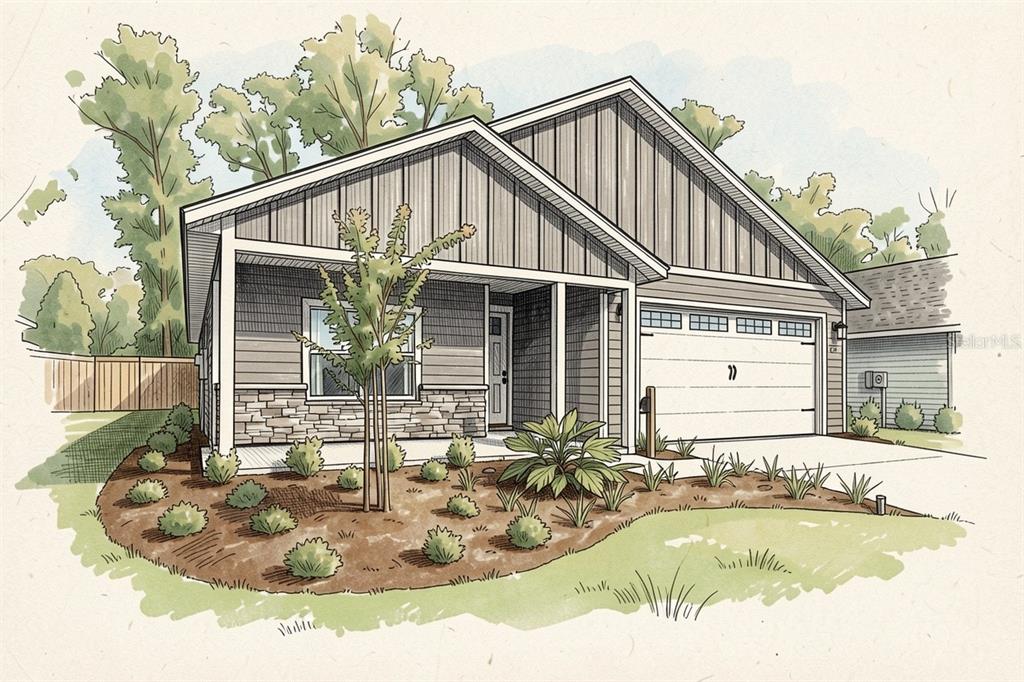 This is a digital rendering of a single-story house with a garage and stone accents — 21070 SW 1ST PLACE, NEWBERRY, FL