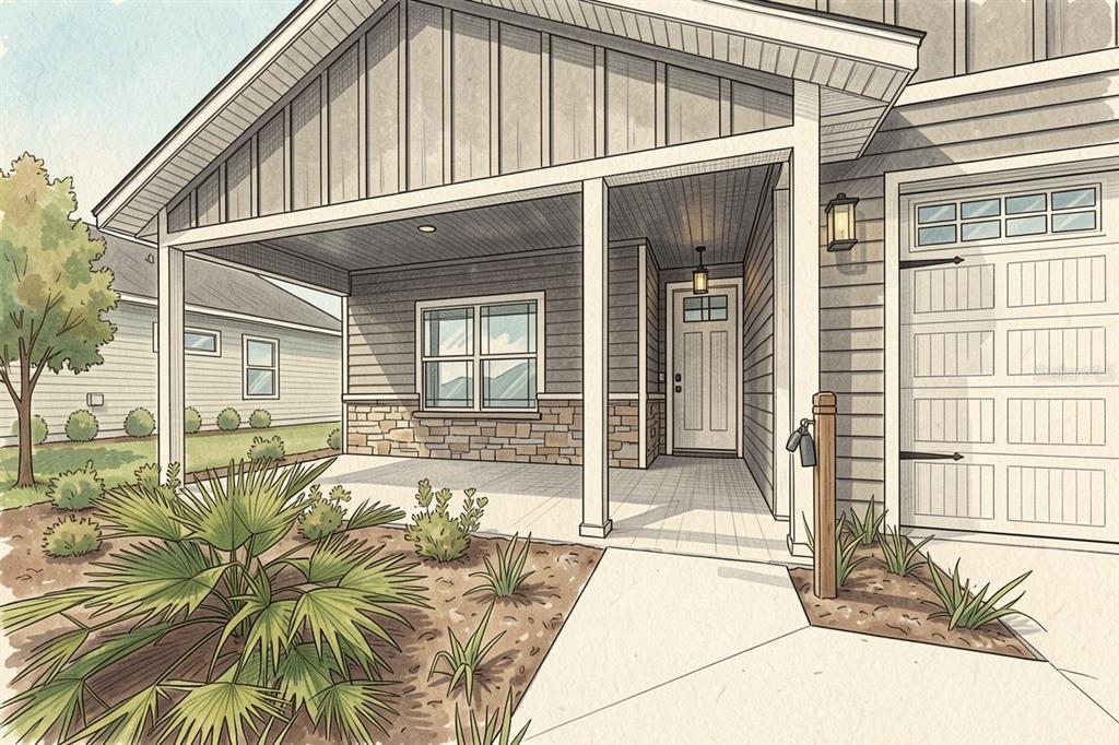 This architectural rendering shows the exterior front porch, entryway, and garage of a modern home — 21070 SW 1ST PLACE, NEWBERRY, FL