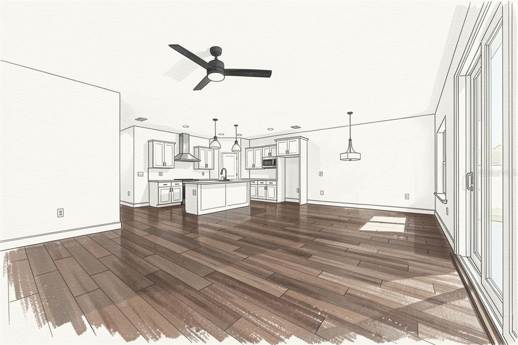 This is a digital rendering of an open-concept kitchen and living area with wood flooring — 21070 SW 1ST PLACE, NEWBERRY, FL