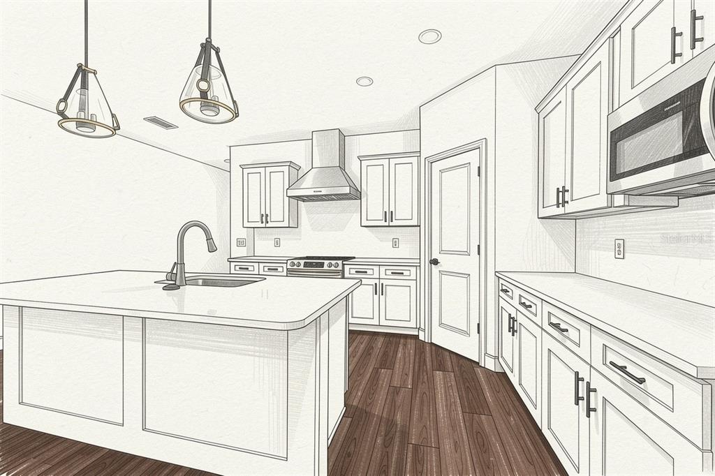 This is a digital rendering of a kitchen featuring white cabinetry, an island, and wood flooring — 21070 SW 1ST PLACE, NEWBERRY, FL