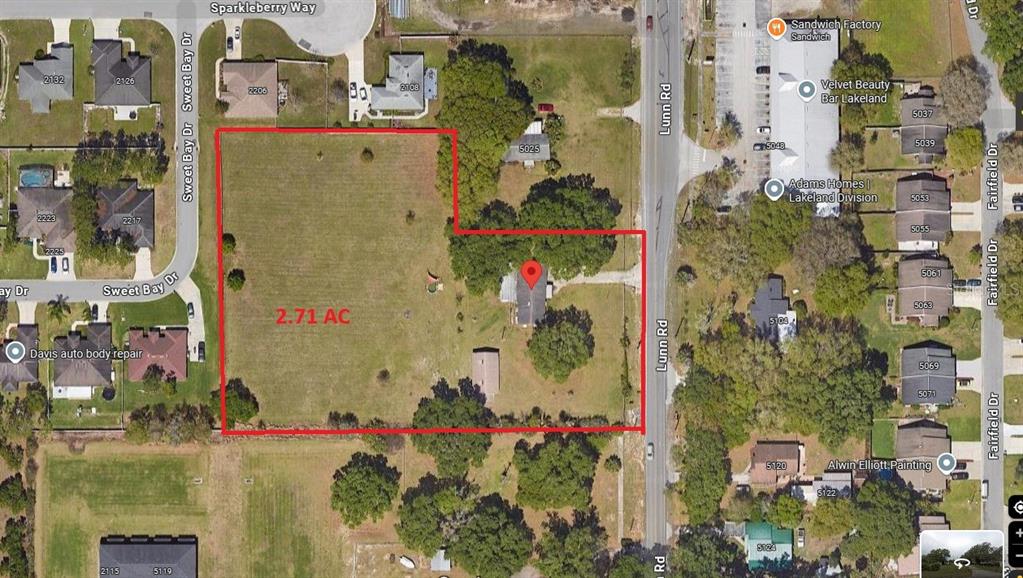 An aerial map shows a 2.71-acre parcel of land with a house and trees — 5105 LUNN ROAD, LAKELAND, FL