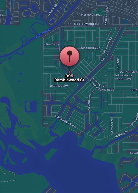 A paved road runs alongside a grassy area with a utility pole and dense vegetation — 395 RAMBLEWOOD STREET, PORT CHARLOTTE, FL