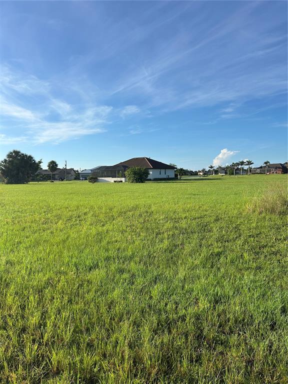 A large, grassy vacant lot sits in front of a suburban house under a blue sky — 24163 COLIMA COURT, PUNTA GORDA, FL