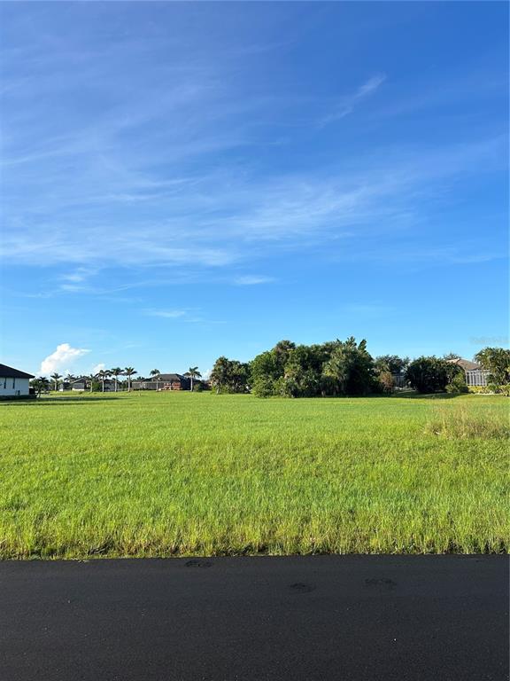 A large, grassy vacant lot is bordered by a paved road and distant residential homes — 24163 COLIMA COURT, PUNTA GORDA, FL