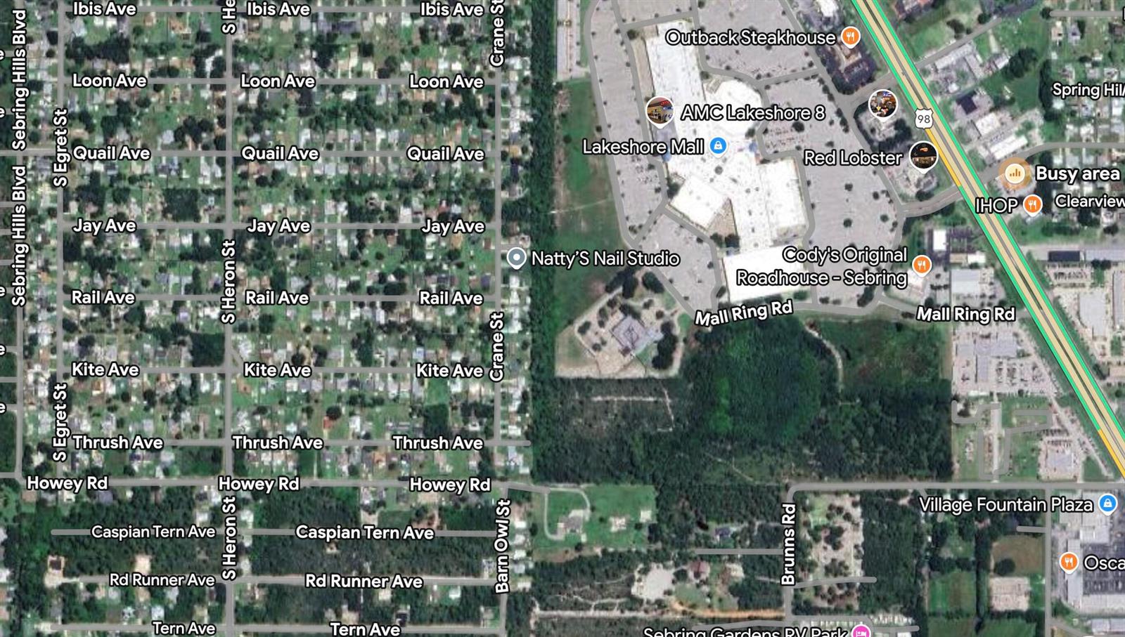 This is a satellite map view of a residential neighborhood adjacent to a shopping mall — 215 Roadrunner Avenue, Sebring FL 33870, SEBRING, FL