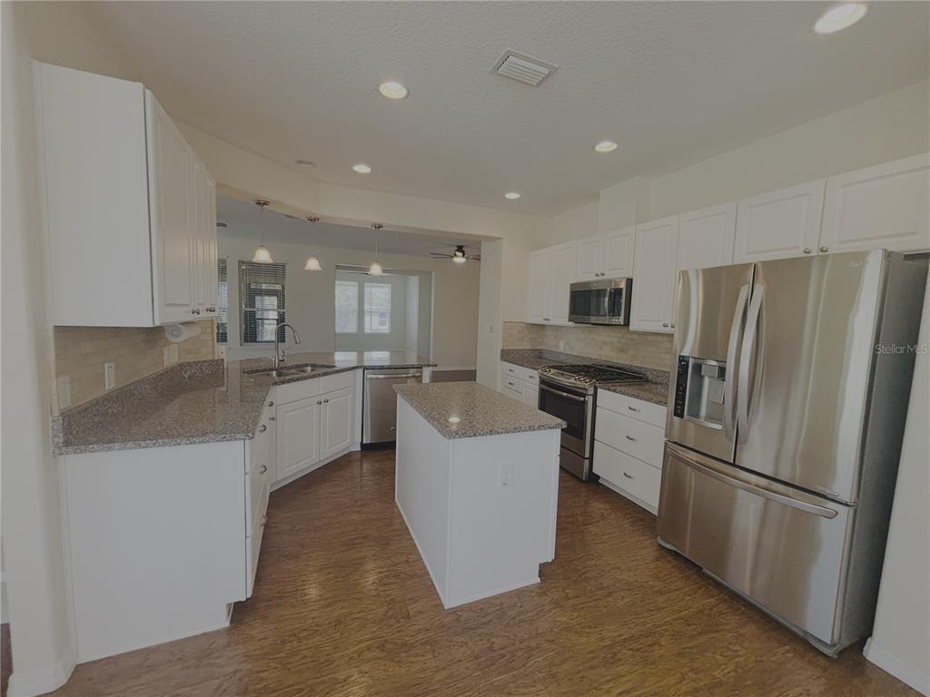 A kitchen features white cabinets, granite countertops, stainless steel appliances, and wood-look flooring — 4859 NW 35TH LANE ROAD, OCALA, FL