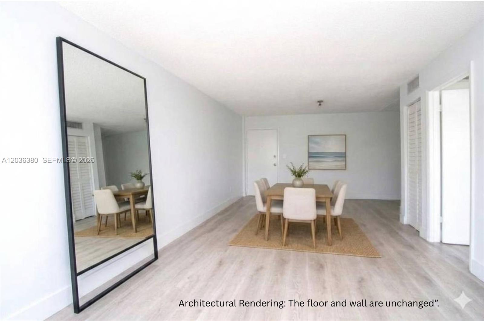This architectural rendering shows a dining area with light wood flooring and a large mirror — 444 SW 4th St # 204, Miami FL 33130, MIAMI, FL