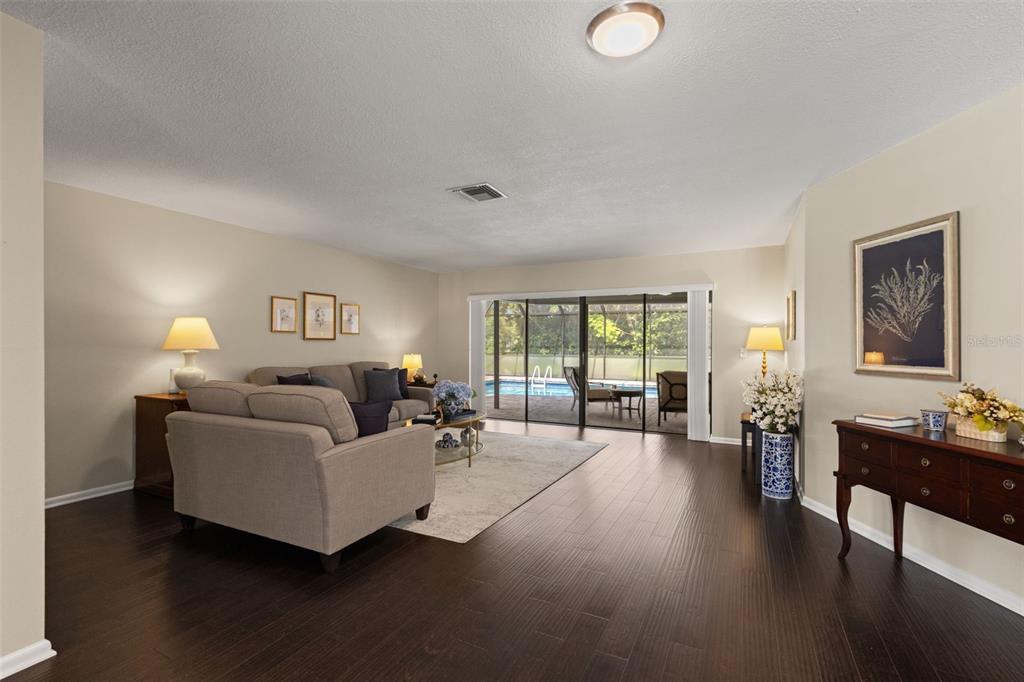 A living room features dark wood floors, a beige sofa, and sliding doors to a pool — 13916 MIDDLE PARK DRIVE, TAMPA, FL