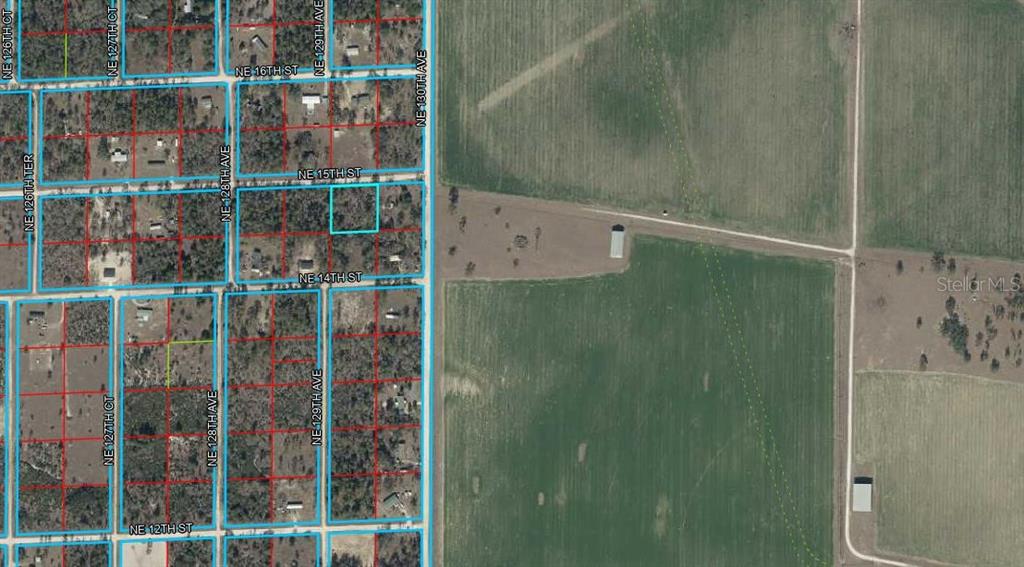 This is an aerial map showing a residential lot outlined in blue — 12930 NE 15TH STREET, WILLISTON, FL