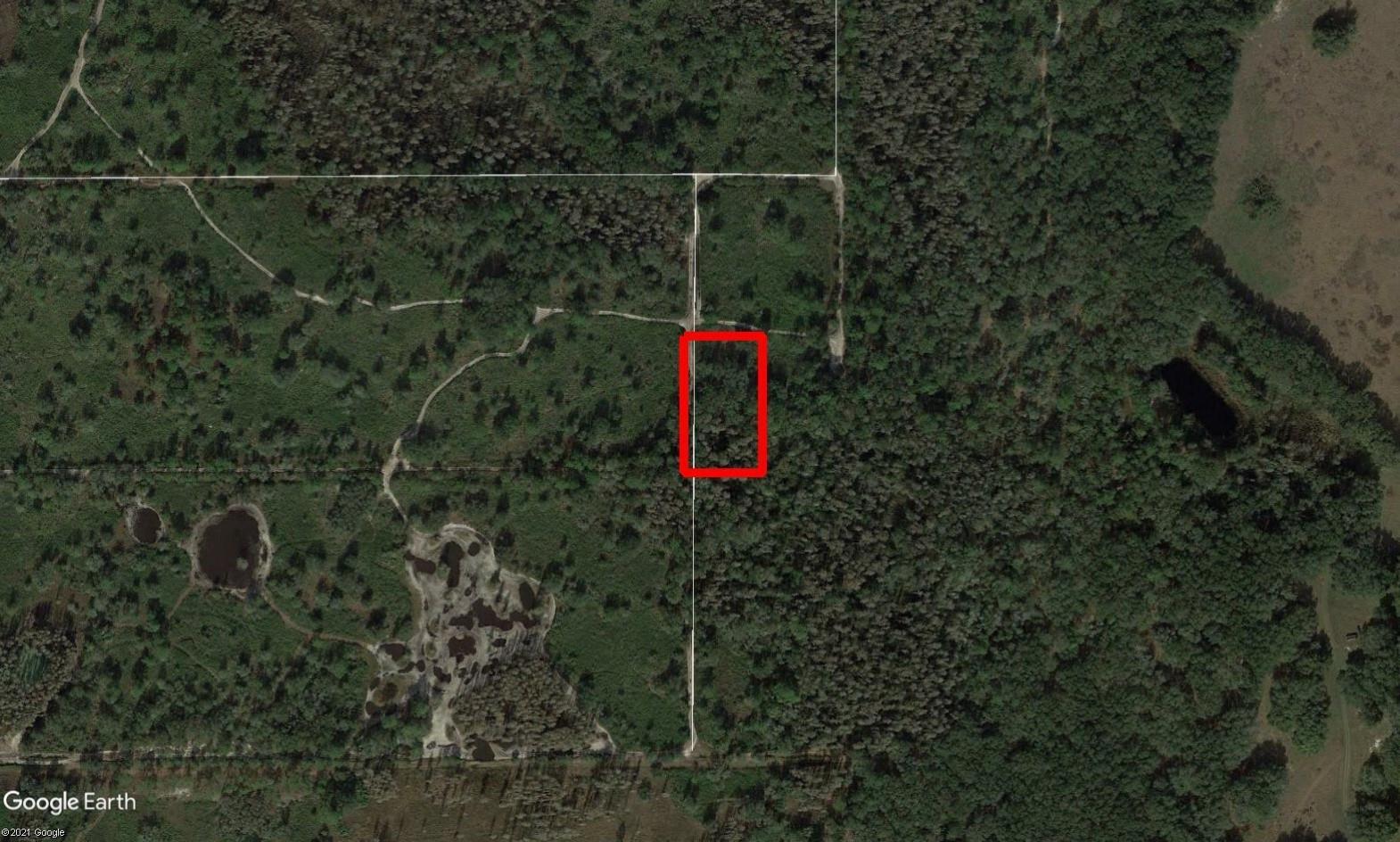 An aerial view of a rectangular plot of land outlined in red within a forest — 0 County Rd 54, FL 33849, FL