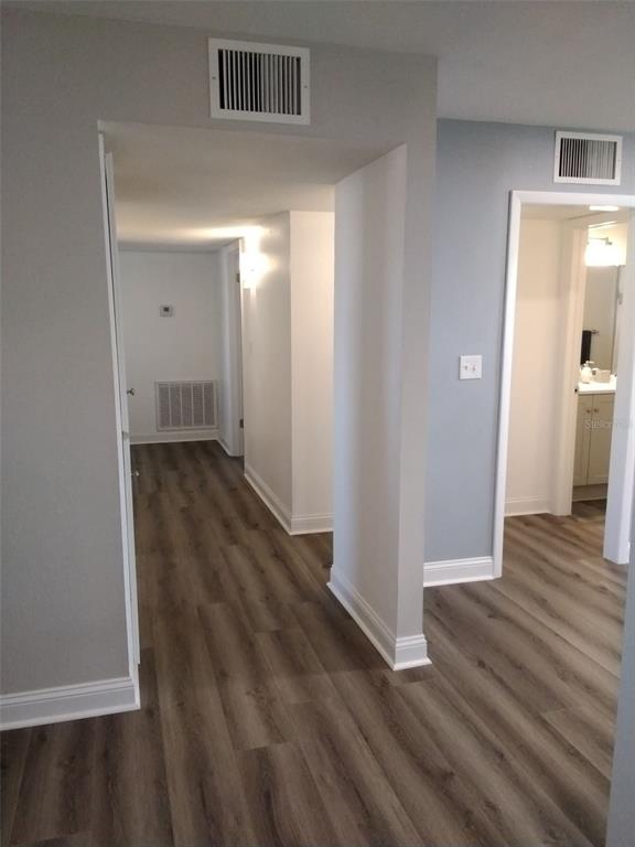 A hallway with wood-look flooring leads to a bathroom and another room — 702 CYPRESS PLACE, SUN CITY CENTER, FL