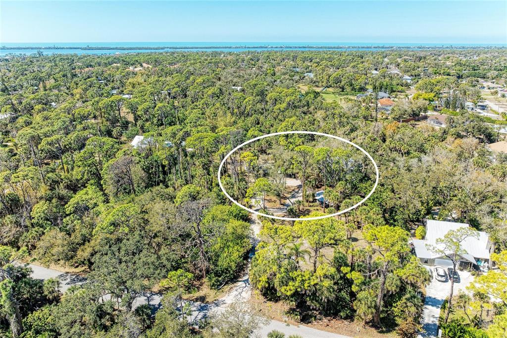 An aerial view shows a wooded lot with a white circle highlighting a cleared area — 820 N ELM STREET, ENGLEWOOD, FL