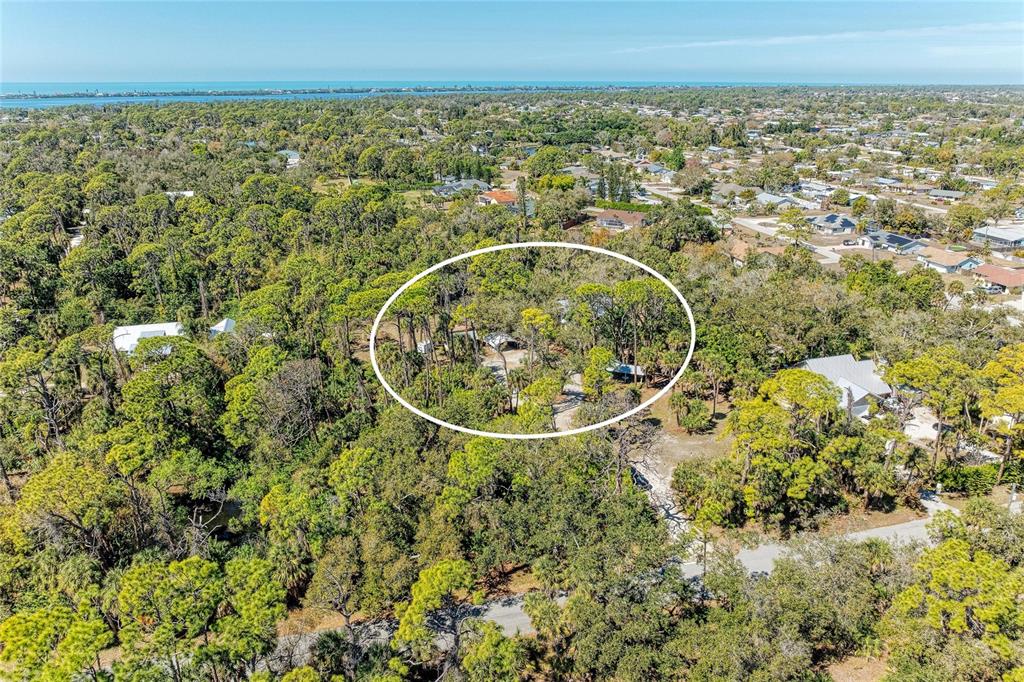 An aerial view shows a wooded residential lot with a house circled in white — 820 N ELM STREET, ENGLEWOOD, FL