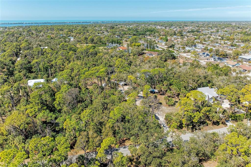 An aerial view shows a densely wooded residential area near a distant body of water — 820 N ELM STREET, ENGLEWOOD, FL