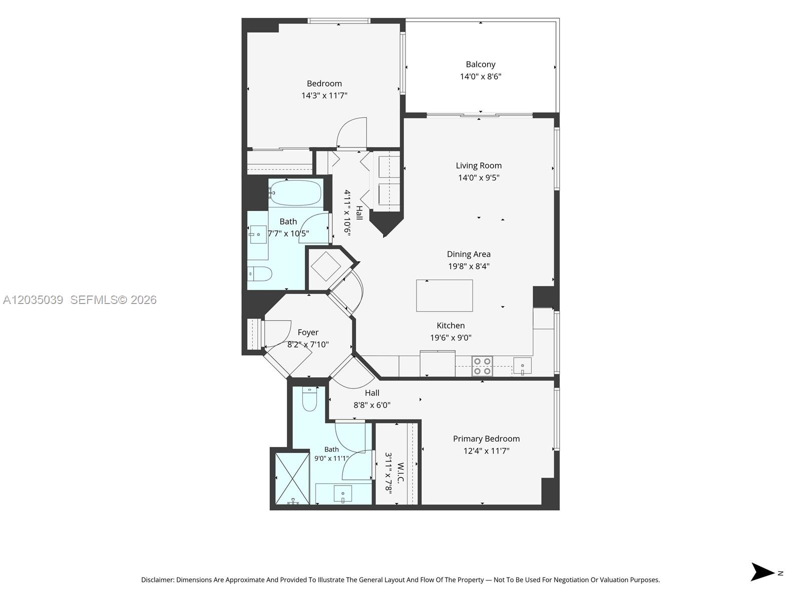 This is a floor plan for a two-bedroom apartment with two bathrooms and a balcony — 1330 West Ave # 3001, Miami Beach FL 33139, MIAMI BEACH, FL