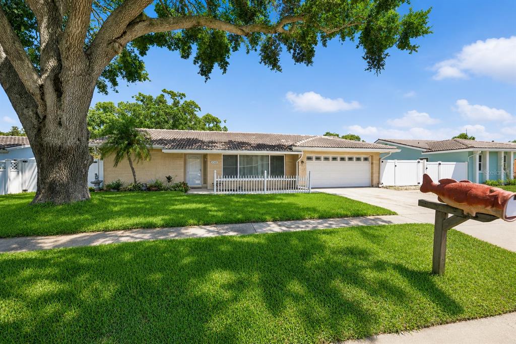 A single-story brick house with a large oak tree and a fish-shaped mailbox in front — 2069 KINGFISHER DRIVE, PALM HARBOR, FL