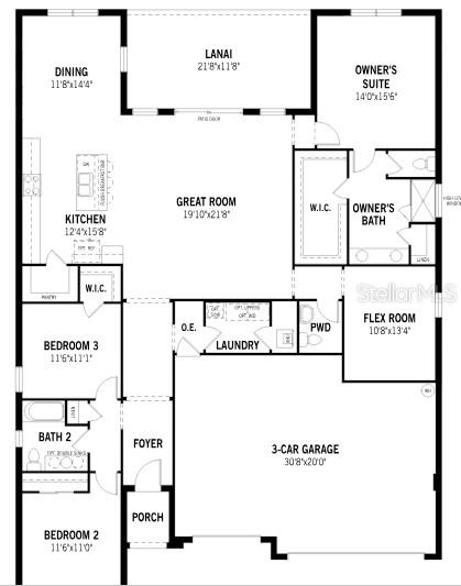 This is a floor plan for a single-story house with three bedrooms and a garage — 2791 SWEET ACACIA DRIVE, CLERMONT, FL