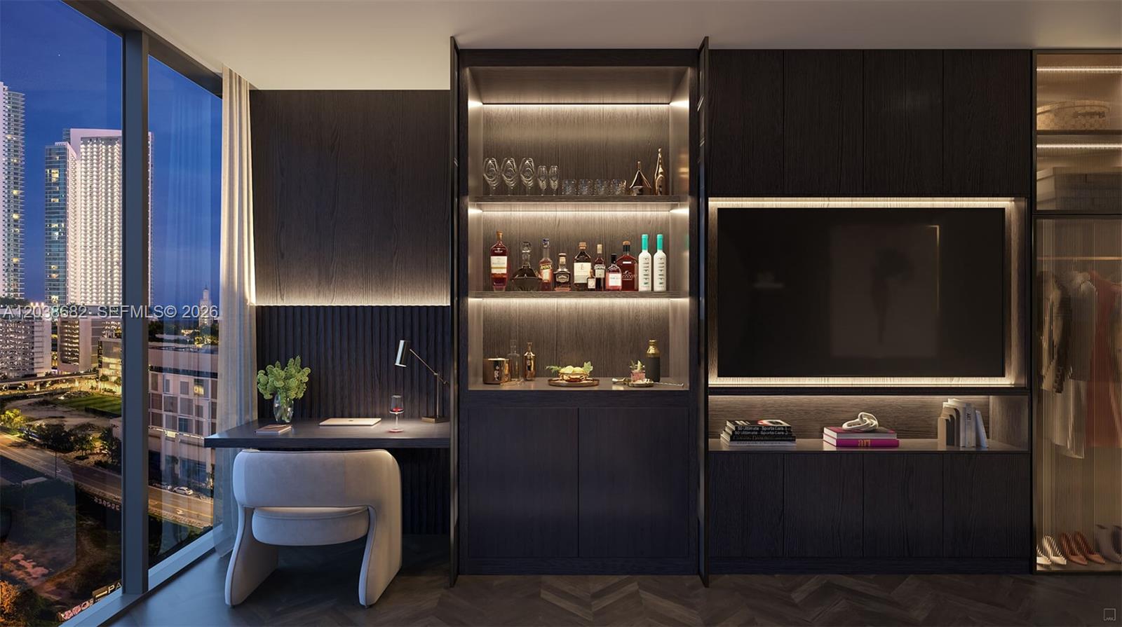 This rendering shows a modern home office and bar area with dark cabinetry and city views — 20 NE 11th # 3B, Miami FL 33123, MIAMI, FL