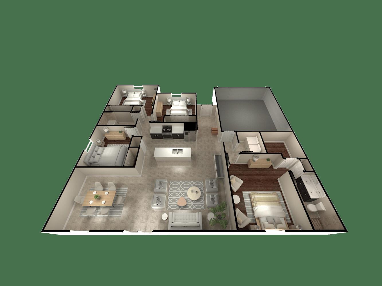 This 3D floor plan rendering shows a four-bedroom apartment with an open-concept living area — PORT ST. LUCIE, FL