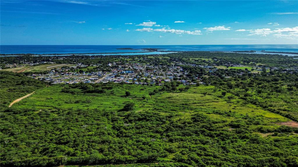 An aerial view shows a dense green landscape leading to a coastal town and ocean — CARR 3301 KM 1.9 COMBATE UNIT 100, CABO ROJO, PR