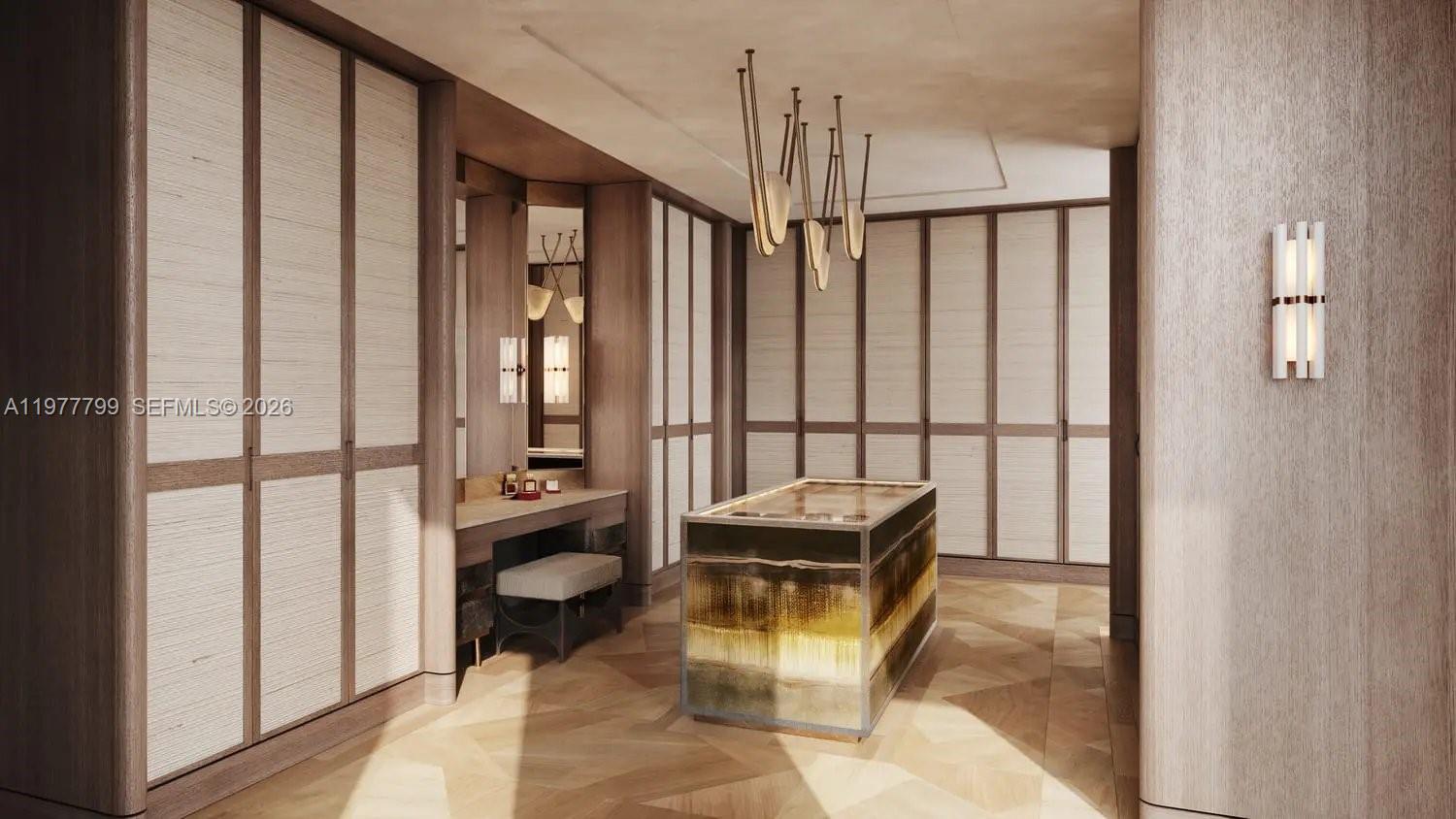 This is a rendering of a modern walk-in closet with custom cabinetry and a central island — 2 Al Mustaqbal Street # 803, Dubai, FL