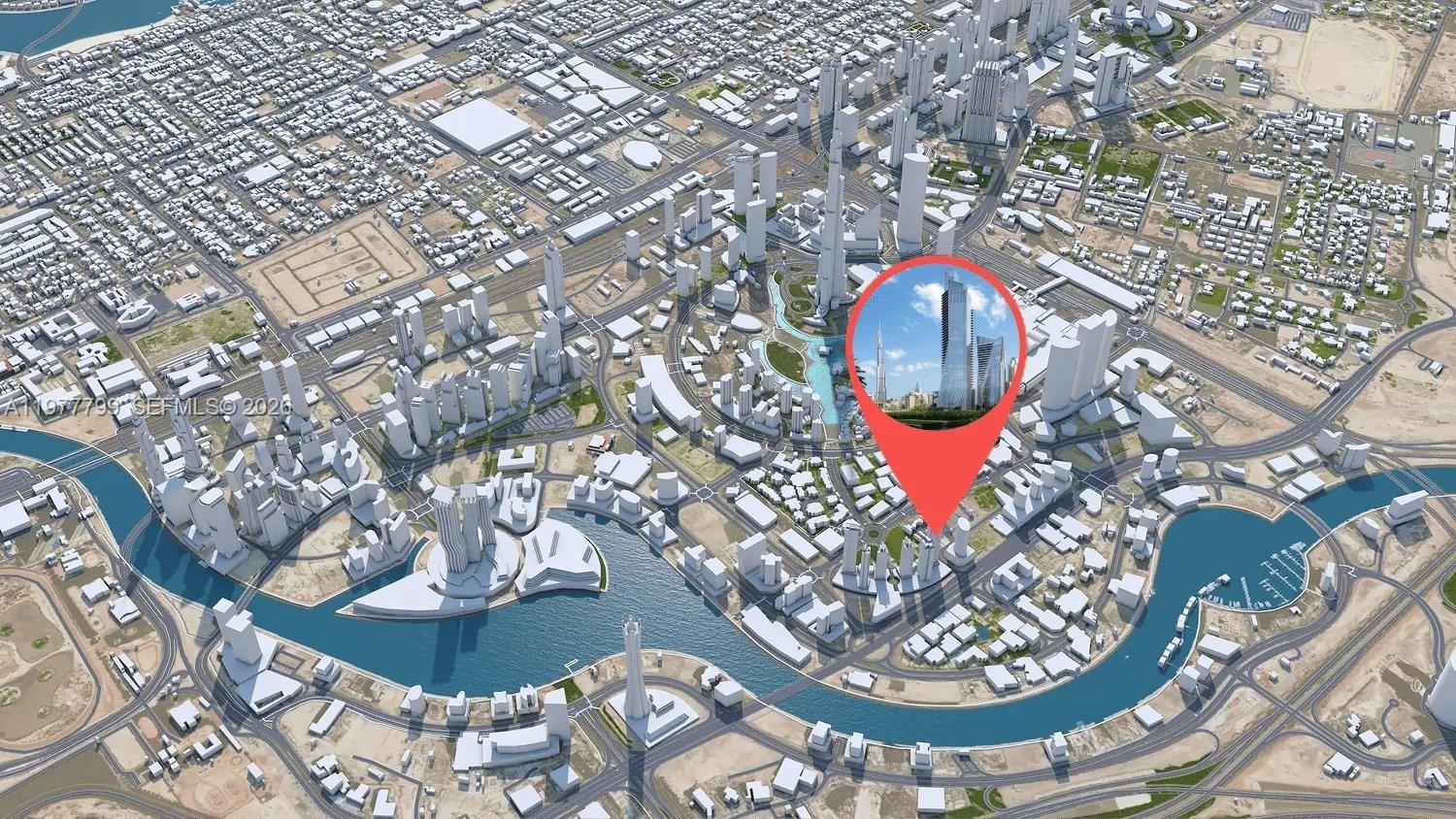 An aerial rendering shows a red map pin highlighting a skyscraper in a city district — 2 Al Mustaqbal Street # 803, Dubai, FL