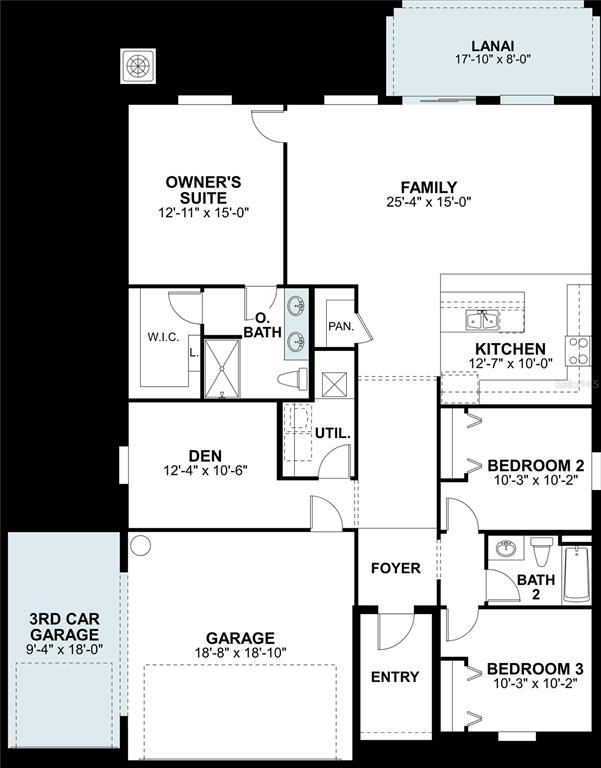 This is a floor plan for a single-story home with three bedrooms, a den, and garage — 4524 LAKE FOX DRIVE, LAKELAND, FL