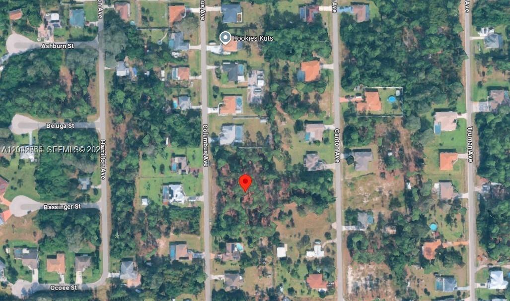 This is an aerial map view of a wooded residential lot in a suburban neighborhood — 408 Columbus Ave, Lehigh Acres FL 33972, LEHIGH ACRES, FL
