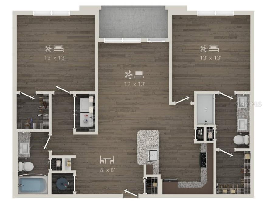 This floor plan rendering shows a two-bedroom apartment with a central living area and kitchen — 1420 LAKEFRONT DRIVE UNIT 3105, SARASOTA, FL