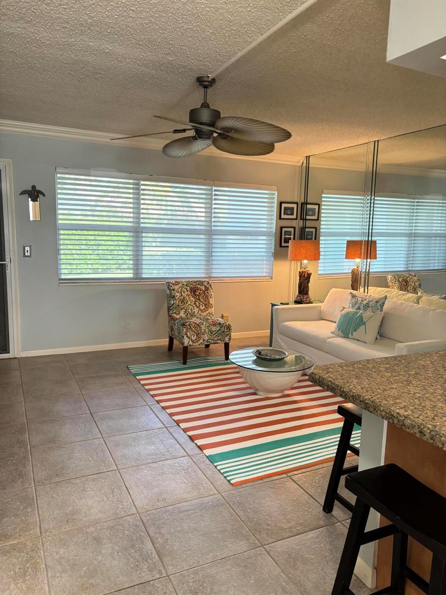 A living room features a white sofa, patterned armchair, striped rug, and a mirrored wall — 210 Horizons E # 107, Boynton Beach FL 33435, BOYNTON BEACH, FL