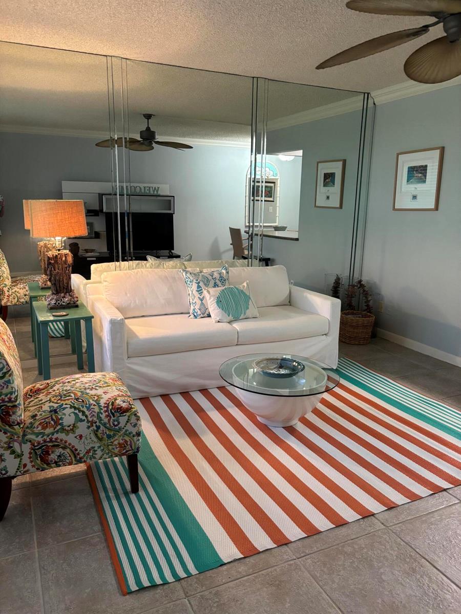 A living room features a white sofa, a striped area rug, and mirrored wall panels — 210 Horizons E # 107, Boynton Beach FL 33435, BOYNTON BEACH, FL