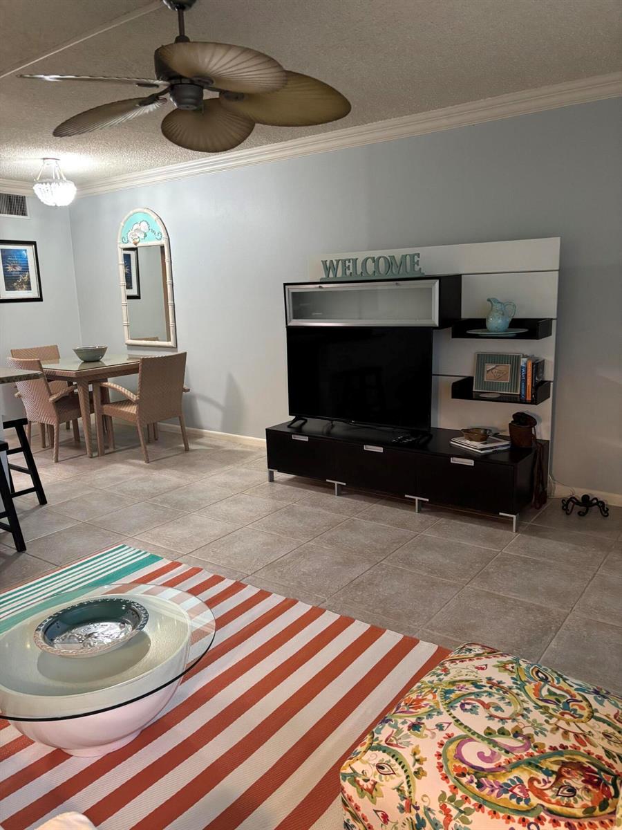 A living room features a television console, a dining set, and a striped area rug — 210 Horizons E # 107, Boynton Beach FL 33435, BOYNTON BEACH, FL