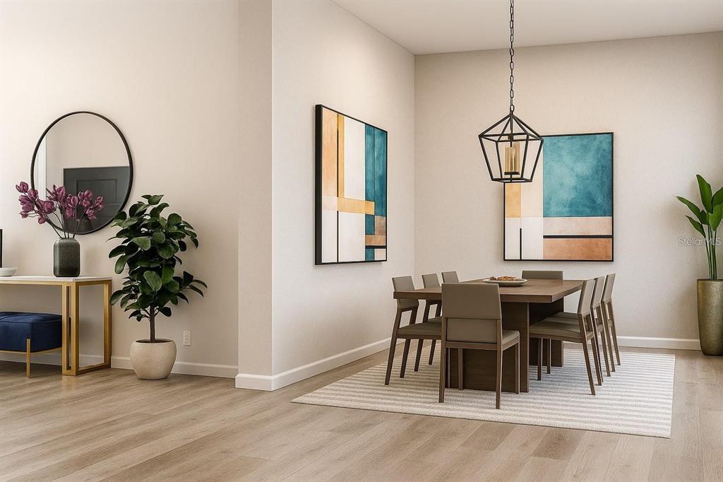 This is a digital rendering of a modern dining room with abstract wall art — 1859 LA SUIZA STREET, NORTH PORT, FL