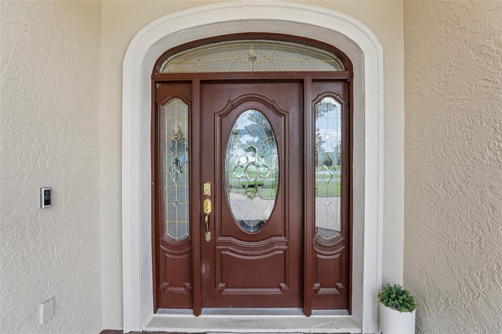 A dark wood front door with glass inserts and a matching arched transom window — 30418 ISLAND CLUB DRIVE, DEER ISLAND, FL