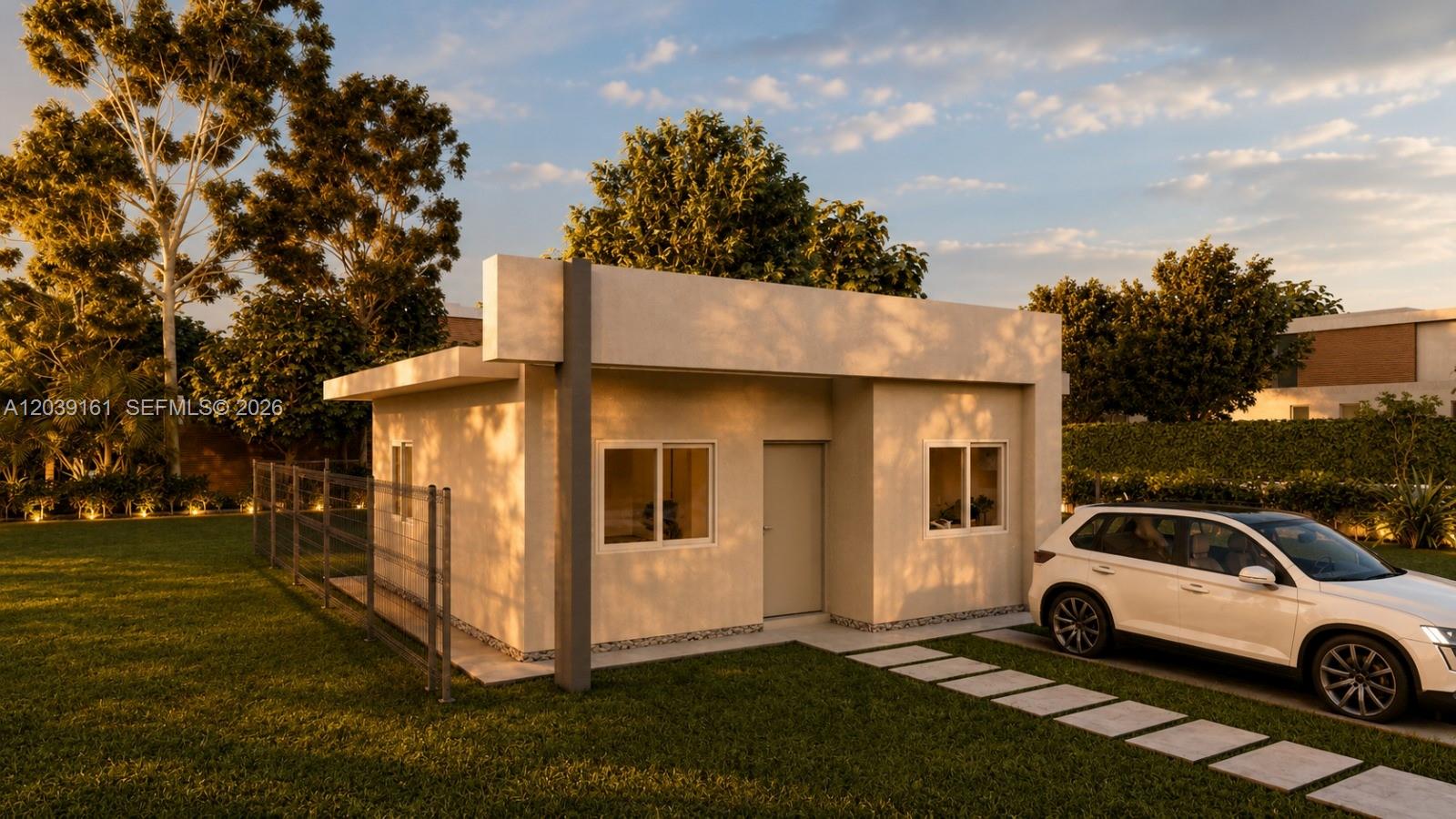 This is a rendering of a small, modern, single-story house with a white car parked outside — Sector Iztoca Residencial Terra Bella, IA 51101, IA