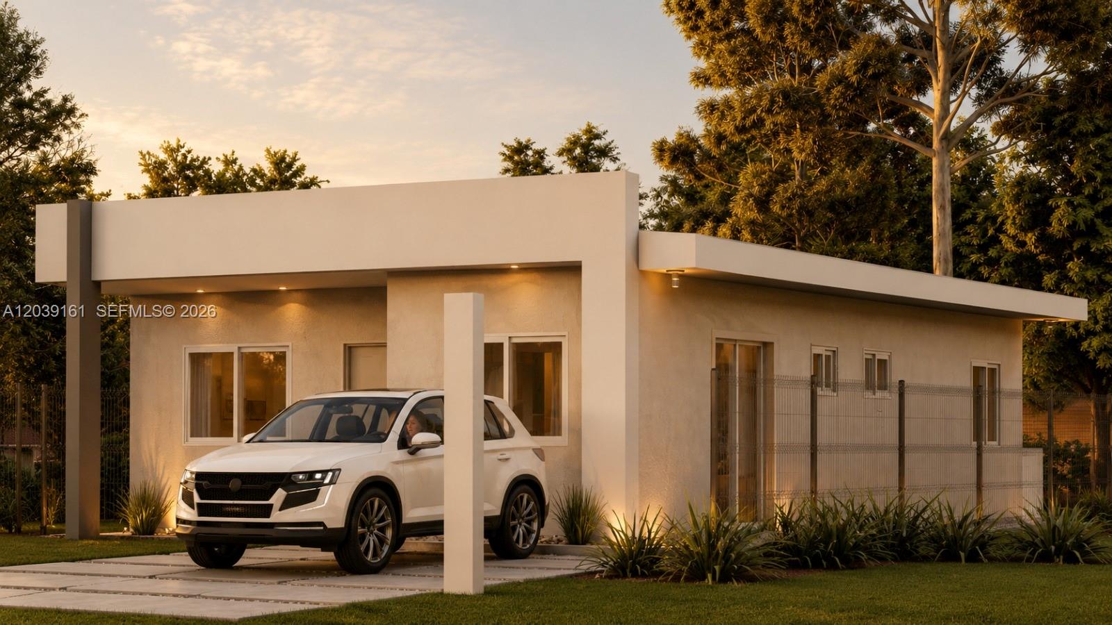A rendering of a modern, single-story house with a white SUV parked in the driveway — Sector Iztoca Residencial Terra Bella, IA 51101, IA