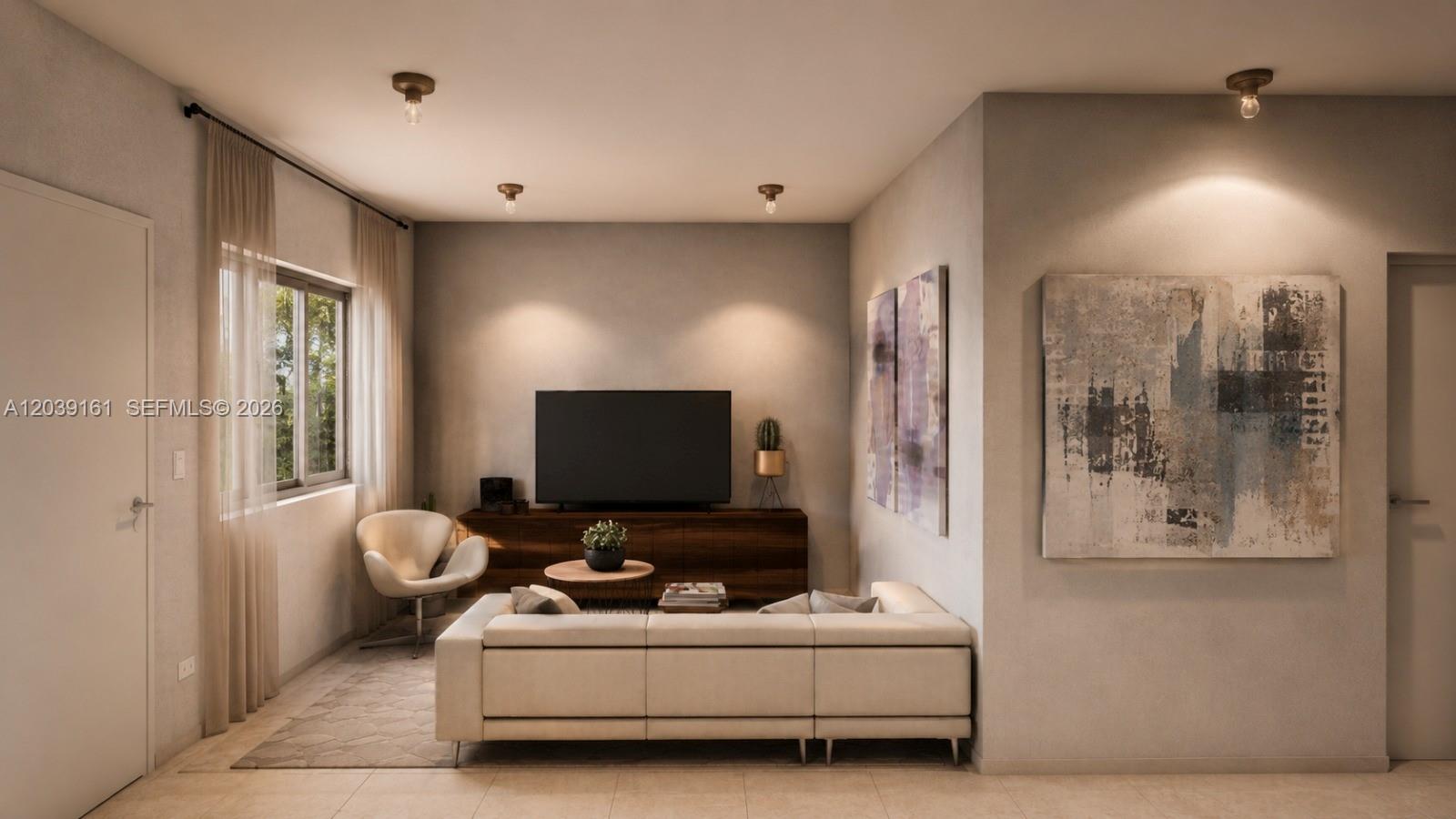 This is a rendering of a modern living room featuring a sofa, television, and artwork — Sector Iztoca Residencial Terra Bella, IA 51101, IA