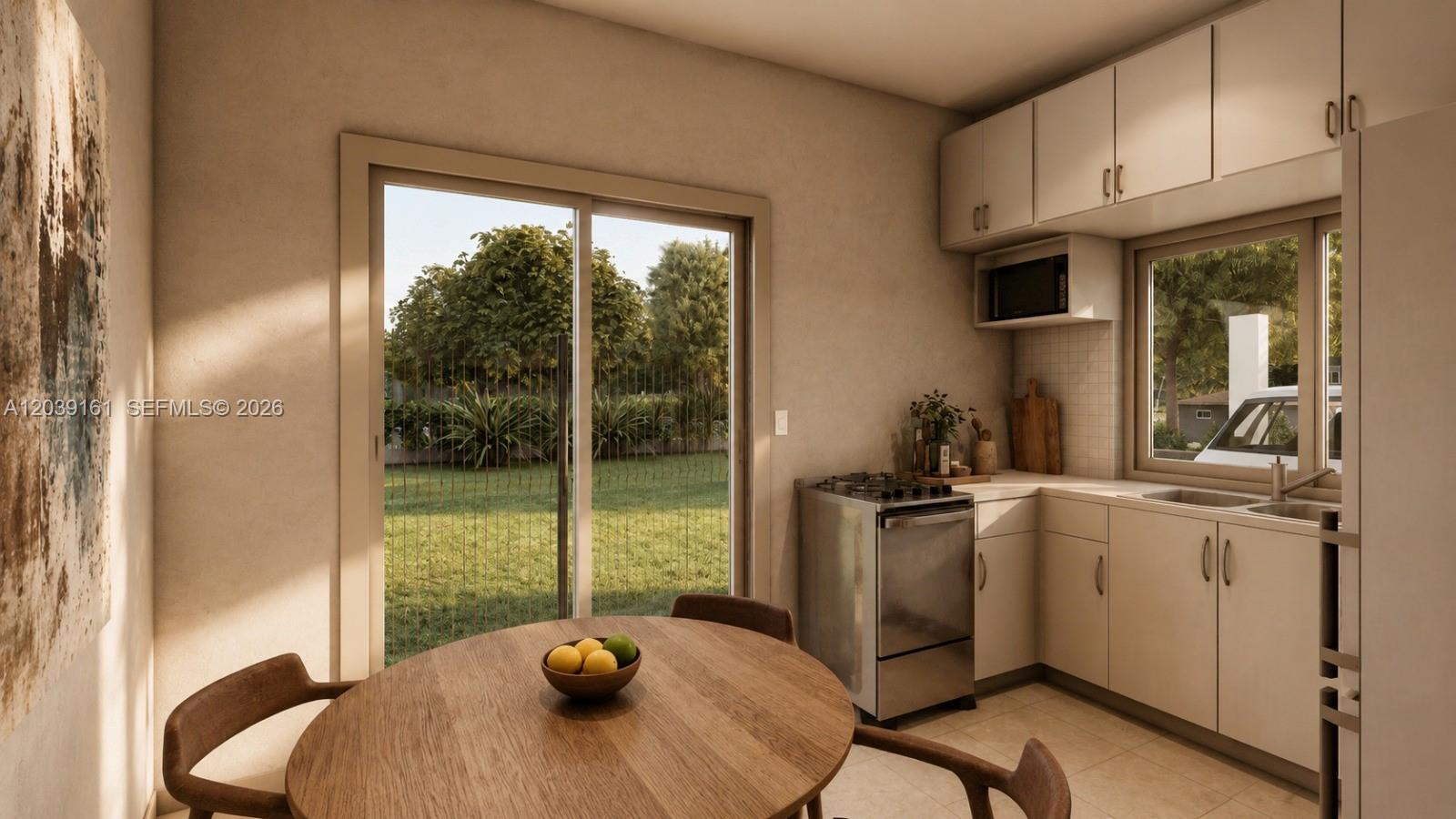 This rendering shows a kitchen with light-colored cabinets, stainless steel appliances, and a dining area — Sector Iztoca Residencial Terra Bella, IA 51101, IA