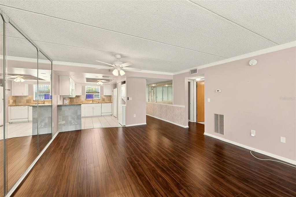 A living room with wood-look flooring, a ceiling fan, and an adjacent kitchen with white cabinets — 12300 PARK BOULEVARD UNIT 116, SEMINOLE, FL