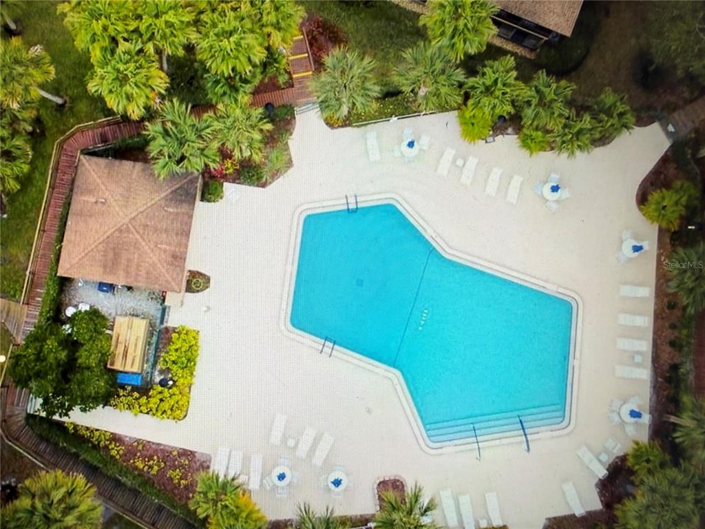 An aerial view of a swimming pool surrounded by a patio, lounge chairs, and landscaping — 120 HIBISCUS WOODS COURT UNIT 9C, DELTONA, FL