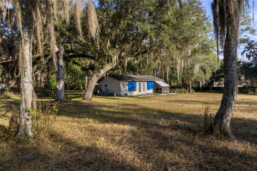 A small, light-colored house sits in a large, grassy yard shaded by moss-covered trees — 560 NW 39TH ROAD, GAINESVILLE, FL