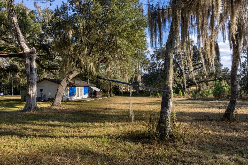 A small house with blue shutters sits on a grassy lot shaded by large trees — 560 NW 39TH ROAD, GAINESVILLE, FL
