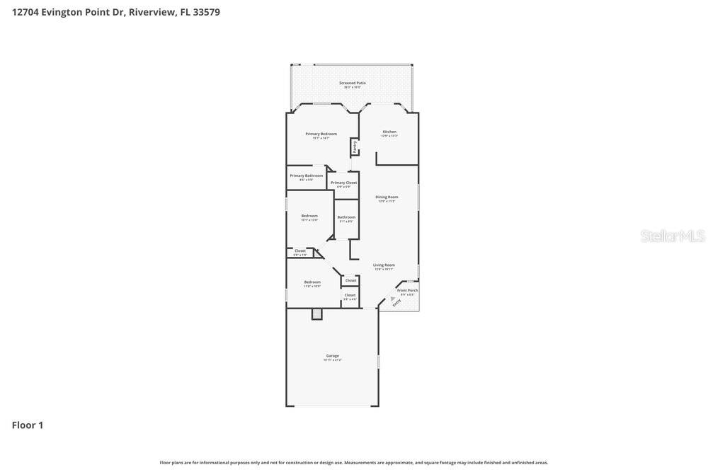 This is a floor plan for a single-story home with a garage and screened patio — 12704 EVINGTON POINT DRIVE, RIVERVIEW, FL
